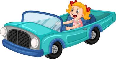 menina dirigindo carro antigo em design de desenho animado vetor