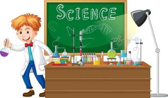 personagem de desenho animado cientista com objetos de laboratório de ciências vetor