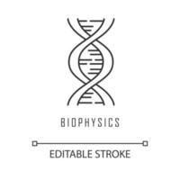 ícone linear de biofísica. genética. estrutura da molécula de hélice de DNA. estudos científicos do genoma. gene cromossômico. ilustração de linha fina. símbolo de contorno. desenho de contorno isolado de vetor. traço editável vetor