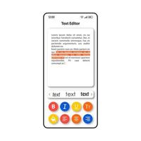 modelo de vetor de interface de smartphone de software de edição de texto. layout de design de cor de página de aplicativo móvel. destacando a tela da ferramenta de frases. interface do usuário plana para aplicação. tela do telefone do editor de notas