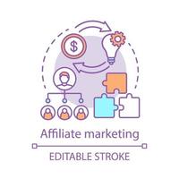 ícone do conceito de marketing afiliado. ilustração de linha fina de idéia de tática de marketing digital. promoção do produto. estratégia de vendas online. ganhando comissões. desenho de contorno isolado de vetor. traço editável vetor