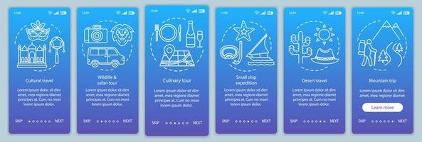 experiências de viagem integrando o modelo de vetor de tela de página de aplicativo móvel. viagem cultural e no deserto. Passo a passo do site com ilustrações lineares. ux, ui, gui conceito de interface de smartphone