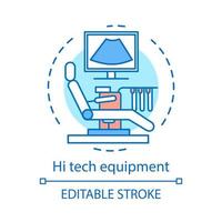 ícone de conceito de equipamento médico de alta tecnologia. exame. cadeira do paciente, monitor, mesa de tubos de ensaio. ilustração de linha fina de idéia de sala de diagnóstico de ultra-som. desenho de contorno isolado de vetor. traço editável vetor