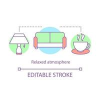 ícone do conceito de ambiente descontraído. salão. sala de descanso, hotel, snuggery. sofá, abajur, copo com bebida quente. ilustração de linha fina de ideia de apartamento aconchegante. desenho de contorno isolado de vetor. traço editável vetor