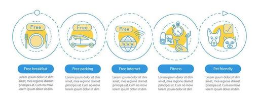 modelo de infográfico de vetor de comodidades do hotel. instalações e serviços do quarto. elementos de design de apresentação de negócios. visualização de dados com etapas e opções. gráfico de linha do tempo do processo. layout de fluxo de trabalho