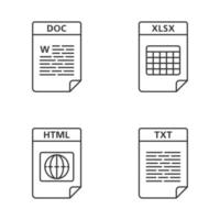 conjunto de ícones lineares de formato de arquivos. web de texto e arquivos de dados. doc, xlsx, html, txt. símbolos de contorno de linha fina. ilustrações de contorno de vetor isolado. traço editável