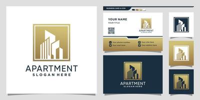 construção de logotipo de apartamento com conceito de espaço negativo e vetor premium de design de cartão de visita