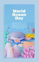 modelo de cartaz do dia mundial do oceano com ilustração 3d de caranguejo vetor