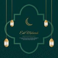 fundo de luxo verde árabe islâmico eid mubarak com padrão geométrico e belas lanternas ornamentais vetor