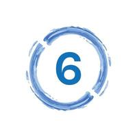 número 6 no círculo azul aquarela sobre fundo branco.