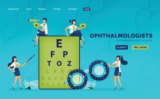 A ilustração de saúde óptica de optometristas usa quadros de snellen e de teste para medir o distúrbio de miopia dos pacientes. pode ser usado para página de destino, web, site, pôster, aplicativos móveis, folheto, anúncios, folheto, cartão vetor