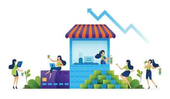 ilustração de negócios de fornecer empréstimos a msmes com mulheres empreendedoras de forma mais equitativa para apoiar uma economia sustentável e desigual. página de destino, web, site, banner, anúncios, cartão, aplicativos, folheto, panfleto vetor