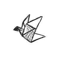 mão desenhada guindaste origami esboço estilo, ilustração vetorial isolado no fundo branco. linhas pretas monocromáticas, elemento de design, doodle. pássaro de origami, contorno vetor