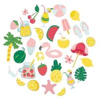 coleção de verão coquetel de desenho animado bonito, suco, sorvete, frutas, flores, palmeiras. desenhos animados planos desenhados à mão. cartaz de verão brilhante, cartão, scrapbooking, etiqueta, convite