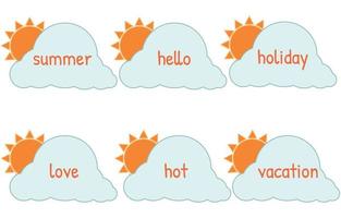 ilustração em vetor de bolhas do discurso de sol e nuvem em fundo branco e letras Olá verão, conceito de fundo de verão, estilo minimalista.