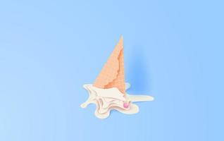Arte em papel 3D e artesanato de sorvete de baunilha branco de cone fofo caem no chão. cerejas caem no sorvete derretendo no fundo pastel de cor azul. vetor de design gráfico e conceito de ilustração