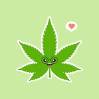 bonito e kawaii sorrindo feliz rosto de folha verde de maconha. vector design de ícone de ilustração de personagem de desenho animado plana. isolado na cor de fundo. maconha ganja, maconha medicinal e recreativa