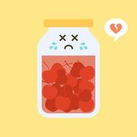 kawaii e cereja fofa em jarra. frutas enlatadas. enlatados material de produtos, conservas de alimentos, fornecidos em lata selada. isolado. ilustração em vetor plana. estilo de design plano para sua marca de mascote.