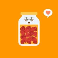 kawaii e morango fofo na jarra. frutas enlatadas. enlatados material de produtos, conservas de alimentos, fornecidos em lata selada. isolado. ilustração em vetor plana. estilo de design plano para sua marca de mascote.