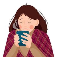 uma mulher doente tem uma gripe sazonal, um resfriado. a garota está segurando um copo de bebida quente. vetor