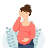 uma mulher grávida tem dor de cabeça. a menina grávida não está se sentindo bem.