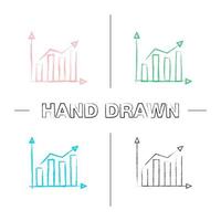 conjunto de ícones desenhados à mão de estatísticas. gráfico de crescimento do mercado. lucro subindo. diagrama estatístico. pincelada de cor. ilustrações esboçadas vetoriais isoladas vetor