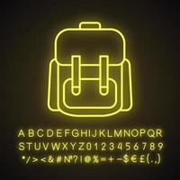 ícone de luz neon de mochila de acampamento. mochila, mochila. sinal brilhante com alfabeto, números e símbolos. ilustração vetorial isolada vetor