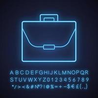 ícone de luz neon maleta. Bolsa de laptop. sinal brilhante com alfabeto, números e símbolos. ilustração vetorial isolada