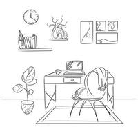 esboço esboço desenho ilustração vetorial local de trabalho isolado no fundo branco. esboço de móveis. escritório em casa. freelance vetor