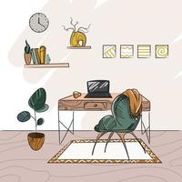 ilustração em vetor de estilo moderno de escritório em casa desenho de esboço de cor interior de espaço de trabalho na moda