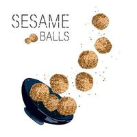 onde-onde.sesame bolas de farinha glutinosa caindo em uma tigela.cozinha tradicional indonésia.sobremesas asiáticas desenhadas em estilo realista de desenho animado em um fundo branco. vetor