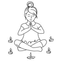 menina meditando em posição de lótus, ilustração vetorial de contorno isolada em background.kids branco ioga, conceito de saúde mental de crianças. vetor