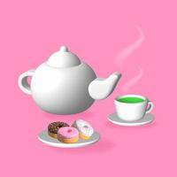 xícara de chá verde, donuts, bule, design realista 3d, ilustração colorida, idéias de design criativo, ilustração vetorial. vetor