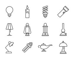 conjunto de design de ícone de linha de lâmpadas simples. contém ícones como candeeiro de mesa, luz de chão, holofotes e muito mais. vetor
