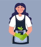 uma mulher admira uma planta uma planta jovem uma mulher agricultora jardineira fazendo trabalho e ilustração vetorial de hobby agrícola isolada vetor
