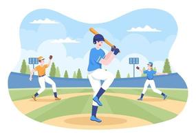 esportes de jogador de beisebol jogando, pegando ou batendo uma bola com bastões e luvas vestindo uniforme no estádio da quadra em ilustração plana dos desenhos animados