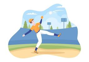 esportes de jogador de beisebol jogando, pegando ou batendo uma bola com bastões e luvas vestindo uniforme no estádio da quadra em ilustração plana dos desenhos animados