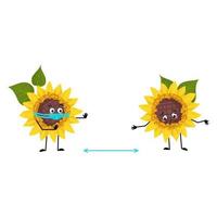 personagem de girassol com rosto em máscara médica mantenha distância, braços e pernas. pessoa de planta com expressão de cuidado, emoticon de flor de sol amarelo. ilustração vetorial plana vetor