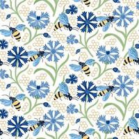 abelha bonitinha no padrão sem emenda de vetor de prado. fundo de verão com abelha e centáurea para impressão, tecido, papel de embrulho, moda, interior, papel de parede.