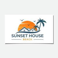 design de logotipo de sol, casa e praia vetor