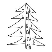 doodle dos desenhos animados fantasia gnomo casa abeto árvore isolada no fundo branco. ícone desenhado de mão da floresta de natal. vetor