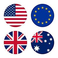 conjunto de sinalizadores de ícones redondos. bandeiras americanas, europa, reino unido e austrália. ilustração vetorial isolada no fundo branco