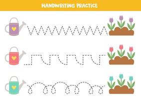 linhas de rastreamento para crianças. lindos regadores e flores. prática da escrita. vetor
