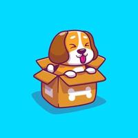 cão bonito jogando na ilustração de ícone de vetor de desenho de caixa. conceito de ícone de amor animal isolado vetor premium. estilo de desenho animado plano