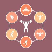 ginásio, treinamento, ícones planos de exercícios de fitness, ilustração vetorial vetor