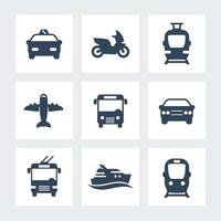 ícones de transporte de passageiros, vetor de transporte público, ônibus, metrô, carro, táxi, avião, navio, ícones simples isolados em branco, ilustração vetorial