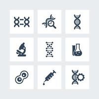 ícones de genética, modificação de dna, pesquisa genética, laboratório, sinal de vetor de cadeia de dna, replicação de dna, ícones em quadrados, ilustração vetorial