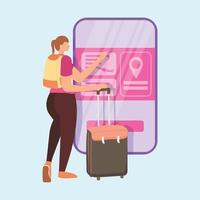 jovem com bagagem de viagem usando o smartphone reservando bilhetes de avião on-line. ilustração em vetor gráfico plana colorida isolada.