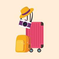 conjunto de equipamentos de viagem, bagagem de viagem, câmera e boné. ilustração em vetor gráfico plana colorida isolada.