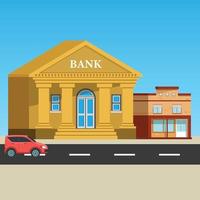 casa de empréstimo de dinheiro na paisagem urbana com carros na rua. prédio do banco. ilustração em vetor gráfico plana colorida.